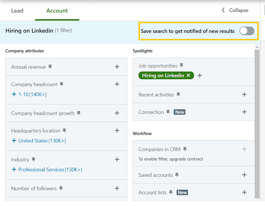 LinkedIN Sales Navigator Account Filters 2