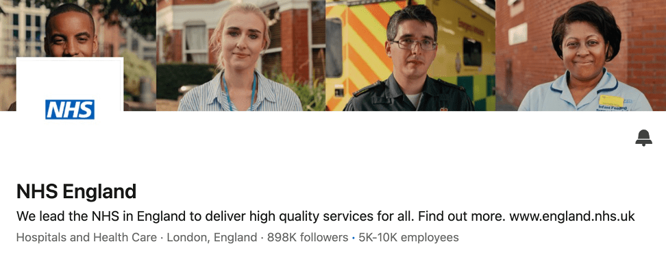 nhs-england-linkedin-company-page-banner-example NHS England LinkedIn Company Page Banner featuring real staff members to build authenticity and human connection, formatted with the correct LinkedIn banner size.